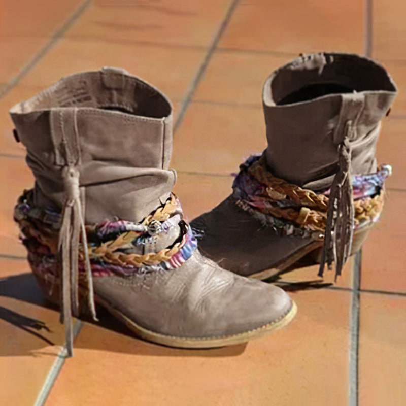 Women's Western Ankle Boots, Braided Tassel Stacked Heel