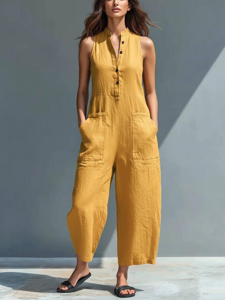 Women's Button Front Linen-Blend Jumpsuit, Sleeveless
