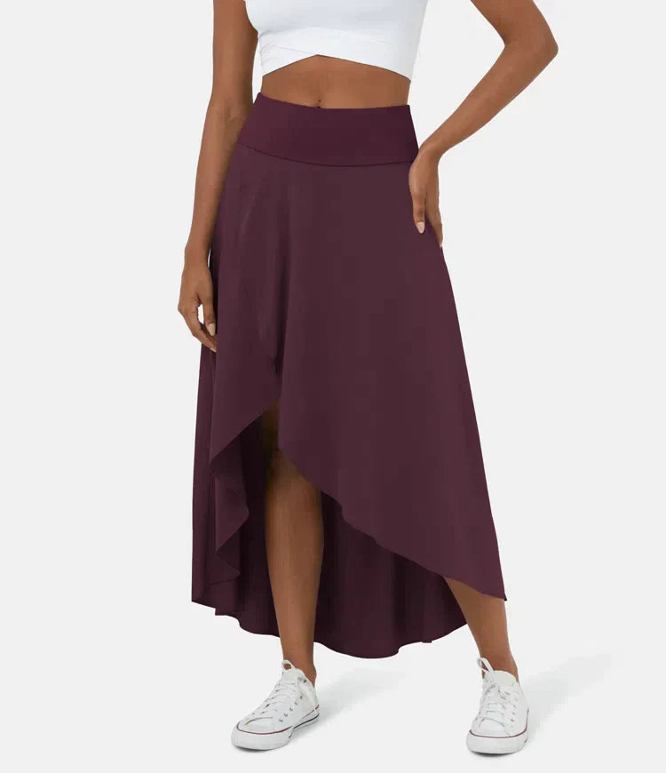 Women's Midi Skirt, Asymmetric High-Low Hem Wide Waistband