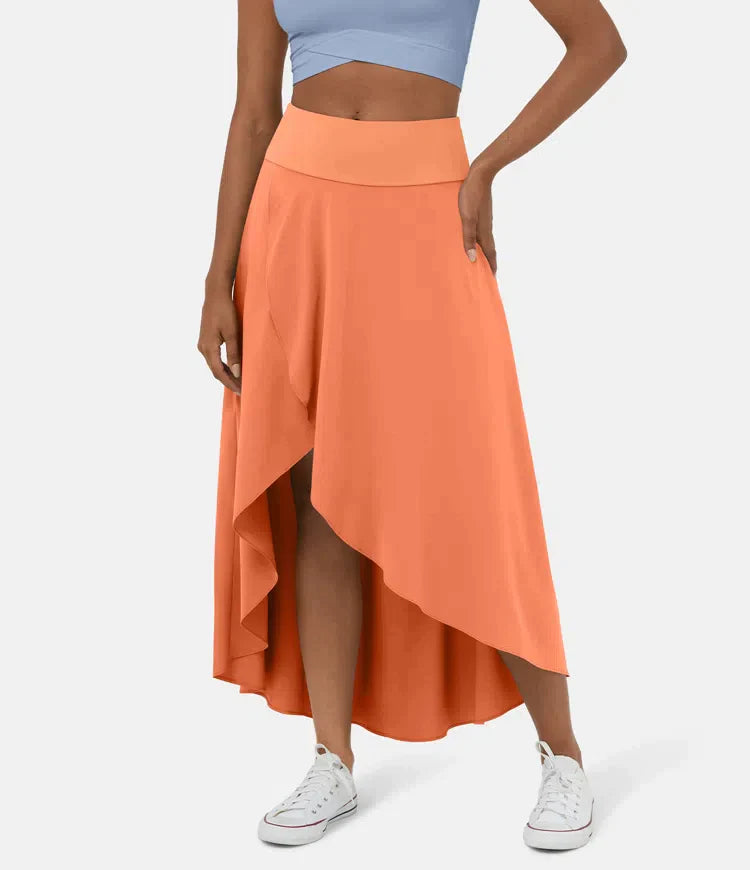 Women's Midi Skirt, Asymmetric High-Low Hem Wide Waistband