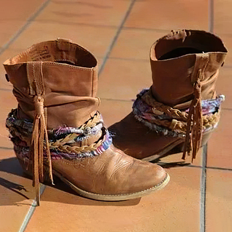 Women's Western Ankle Boots, Braided Tassel Stacked Heel