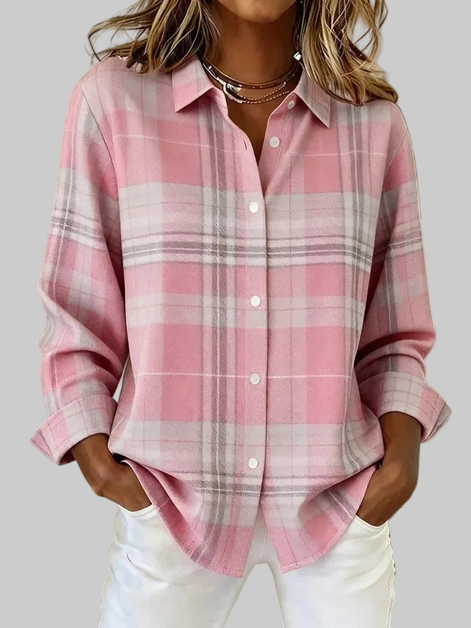 Women's casual pink plaid shirt