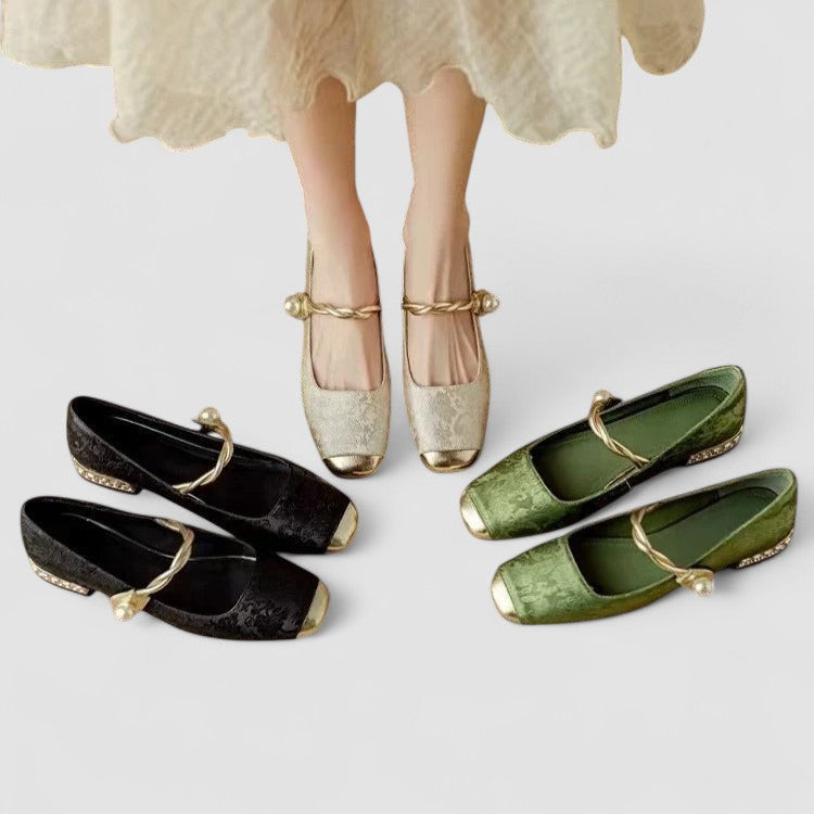 CAMILLE | SATIN MARY JANES WITH JEWELED HEEL