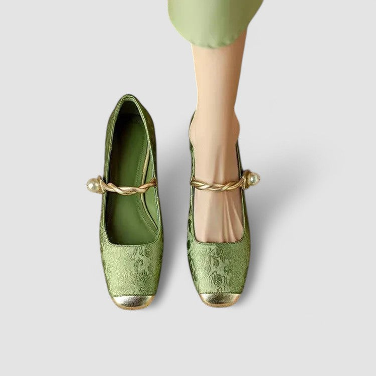 CAMILLE | SATIN MARY JANES WITH JEWELED HEEL