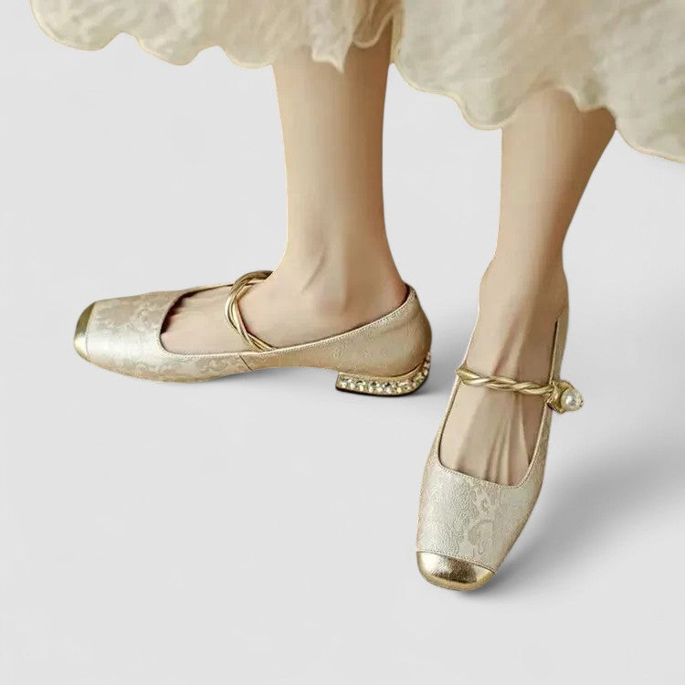 CAMILLE | SATIN MARY JANES WITH JEWELED HEEL