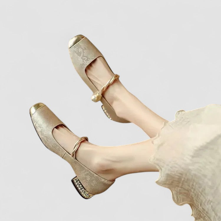 CAMILLE | SATIN MARY JANES WITH JEWELED HEEL