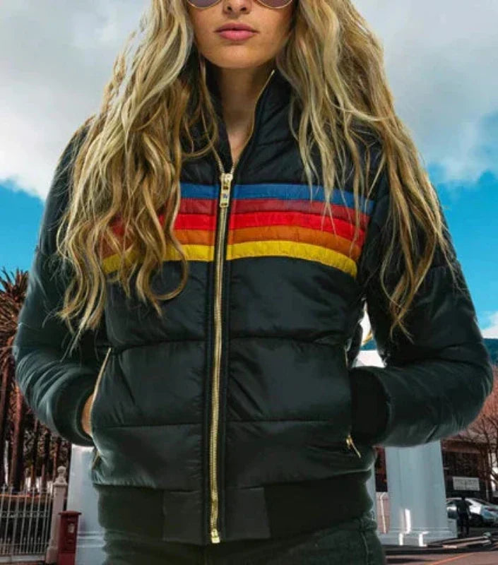 Women's Puffer Jacket, Ribbed Cuff Retro Stripe Hooded