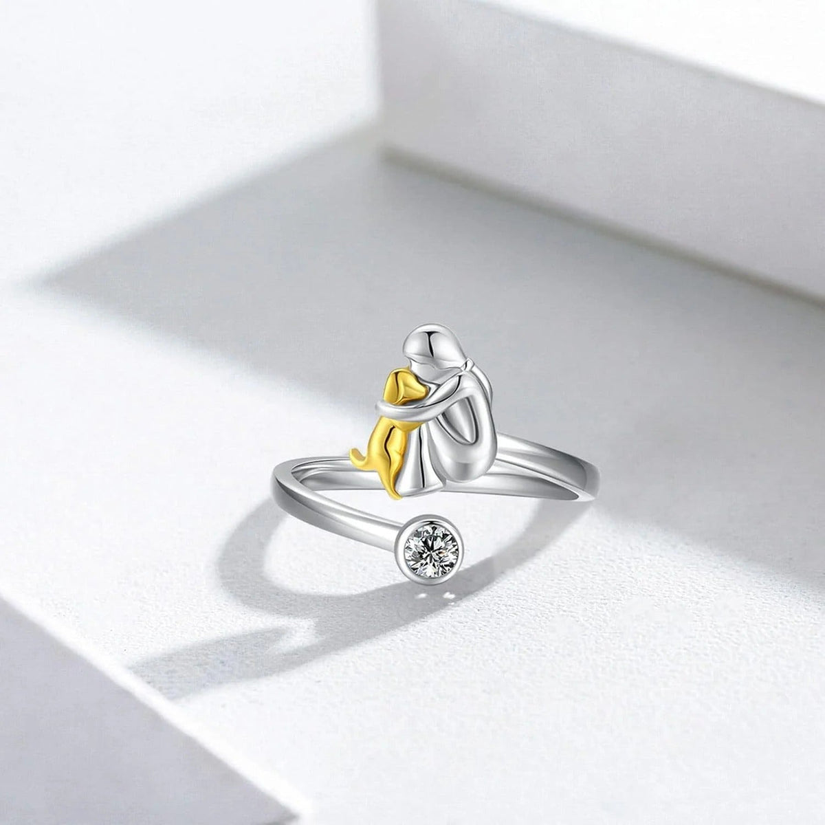 Sterling Silver Dog Ring wit Zirconia – Adjustable & Handmade
