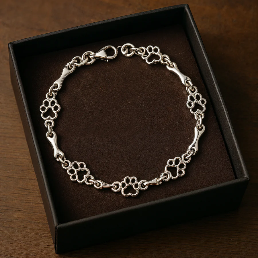 Limited Edition Pure Silver Dog Paw and Bone Charms Bracelet