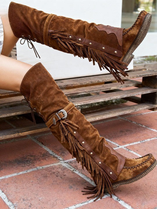 Women's Flat Over-the-Knee Boots, Tassel and Faux Fur Lining