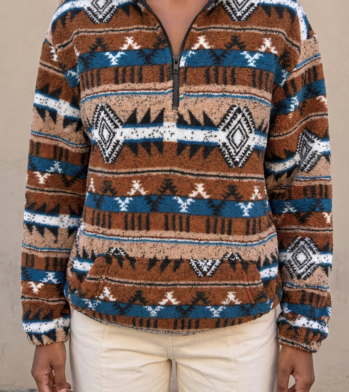 Amberlyn™ | Striped Aztec Half-Zip Sherpa