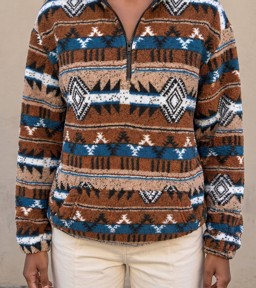 Amberlyn™ | Striped Aztec Half-Zip Sherpa