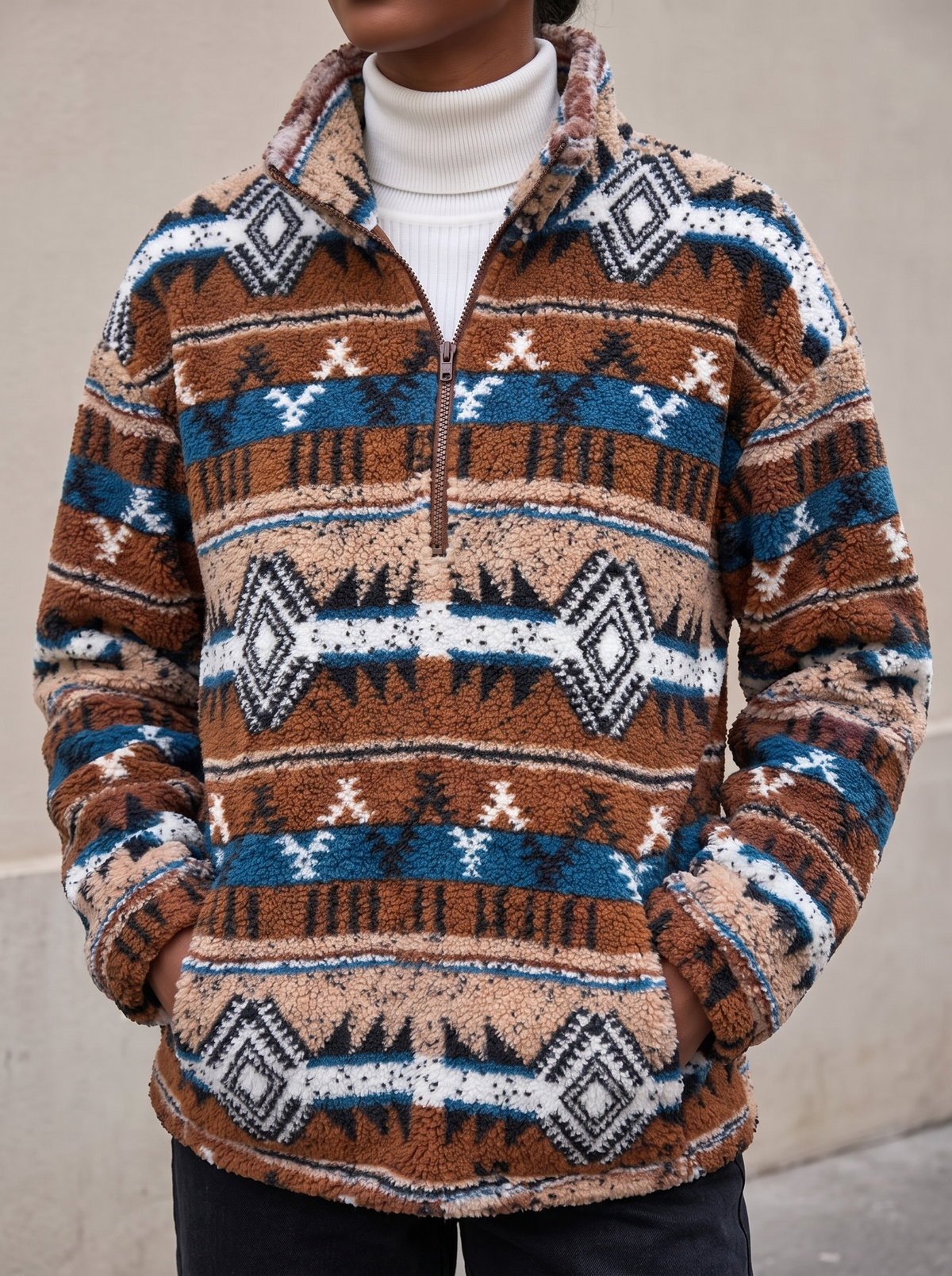 Amberlyn™ | Striped Aztec Half-Zip Sherpa