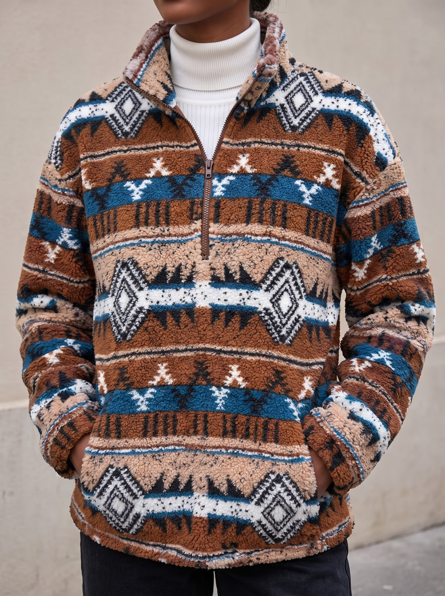 Amberlyn™ | Striped Aztec Half-Zip Sherpa