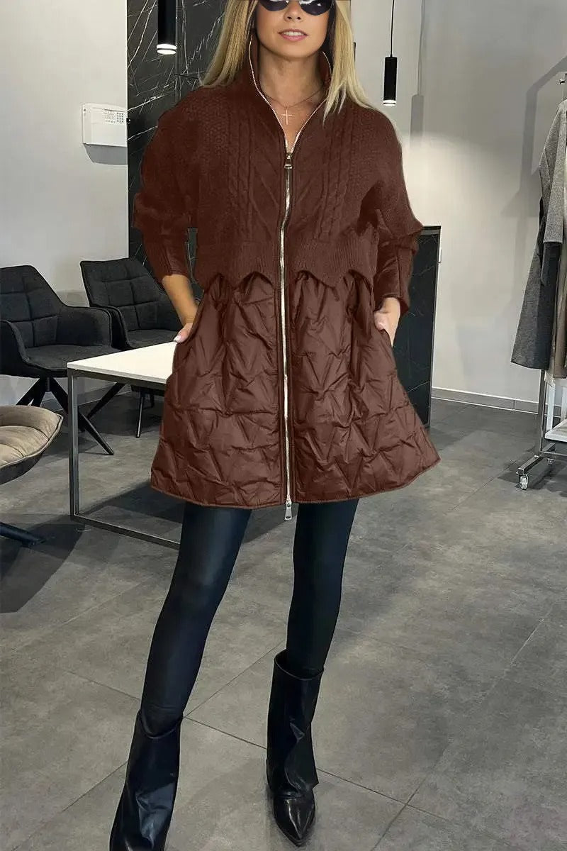 Women's Puffer Jacket, Oversized Quilted Zip-Up with Cable Knit Panel