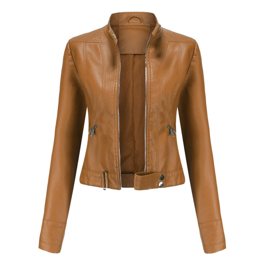 Victoria | Women's Cropped Faux Leather Jacket Stand-Collar Moto Biker